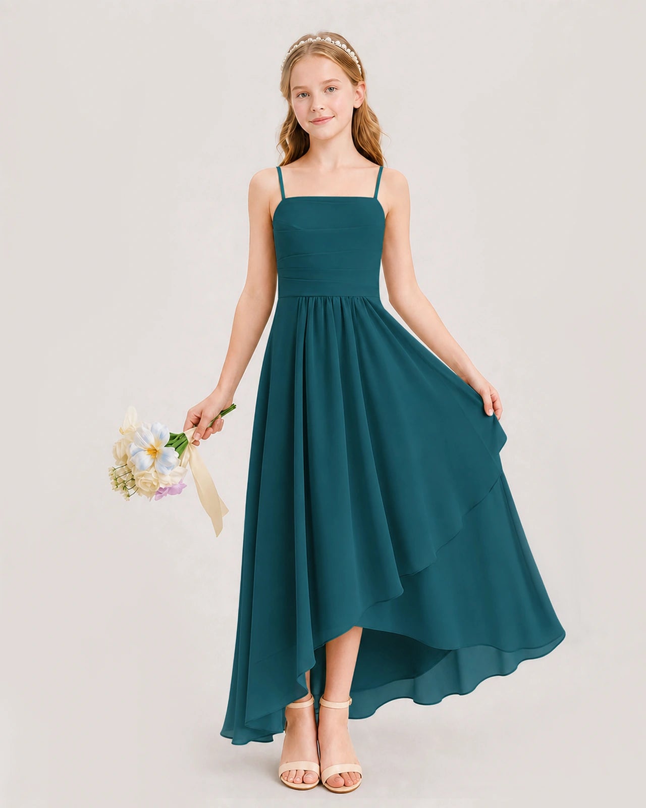 Peacock Junior Bridesmaid Dress Ruched Bodice High-Low Asymmetrical Chiffon A-Line Gown Front Full View
