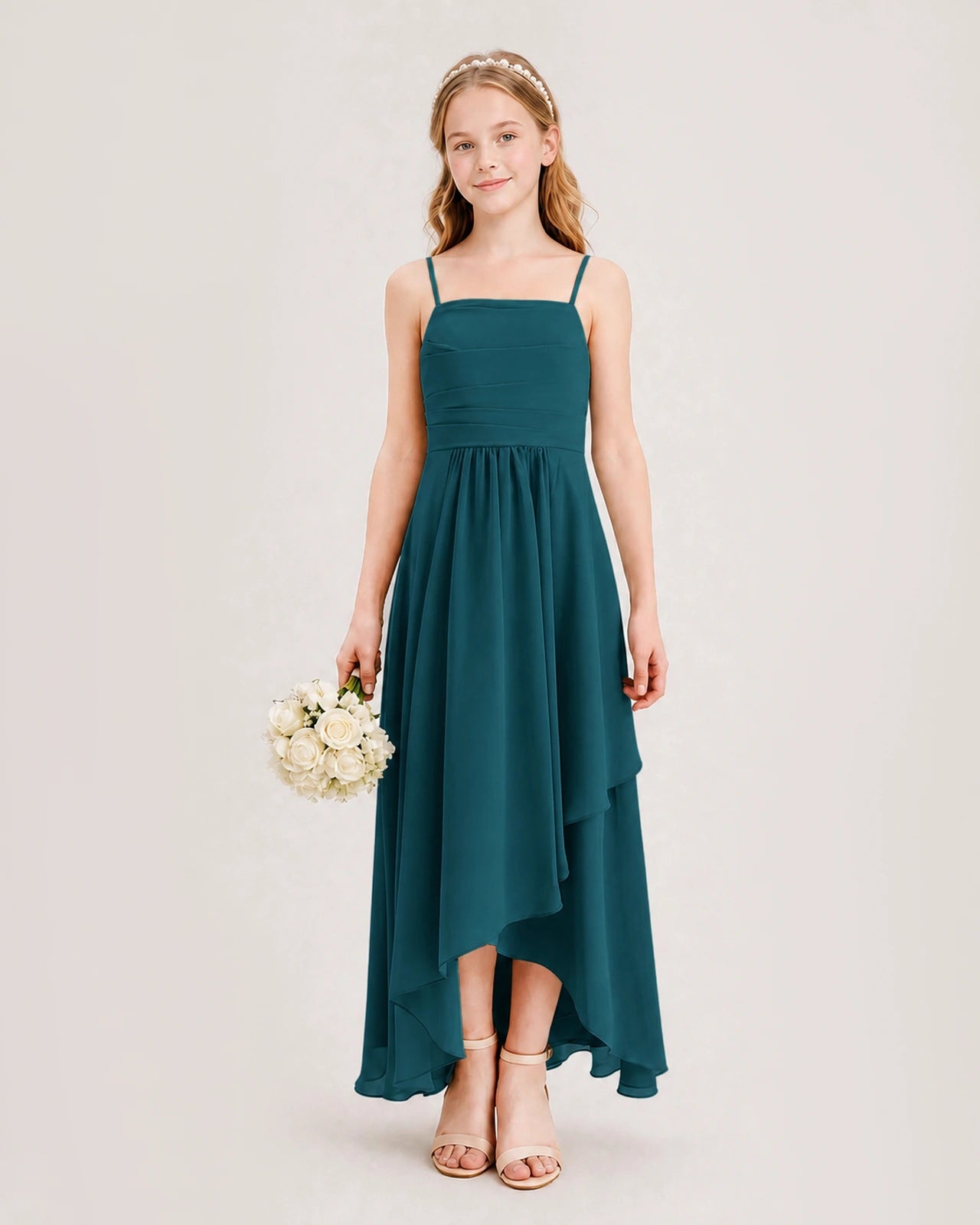 Peacock Junior Bridesmaid Dress Ruched Bodice High-Low Asymmetrical Chiffon A-Line Gown Front Full View