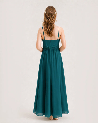 Peacock Junior Bridesmaid Dress Ruched Bodice High-Low Asymmetrical Chiffon A-Line Gown Back Full View
