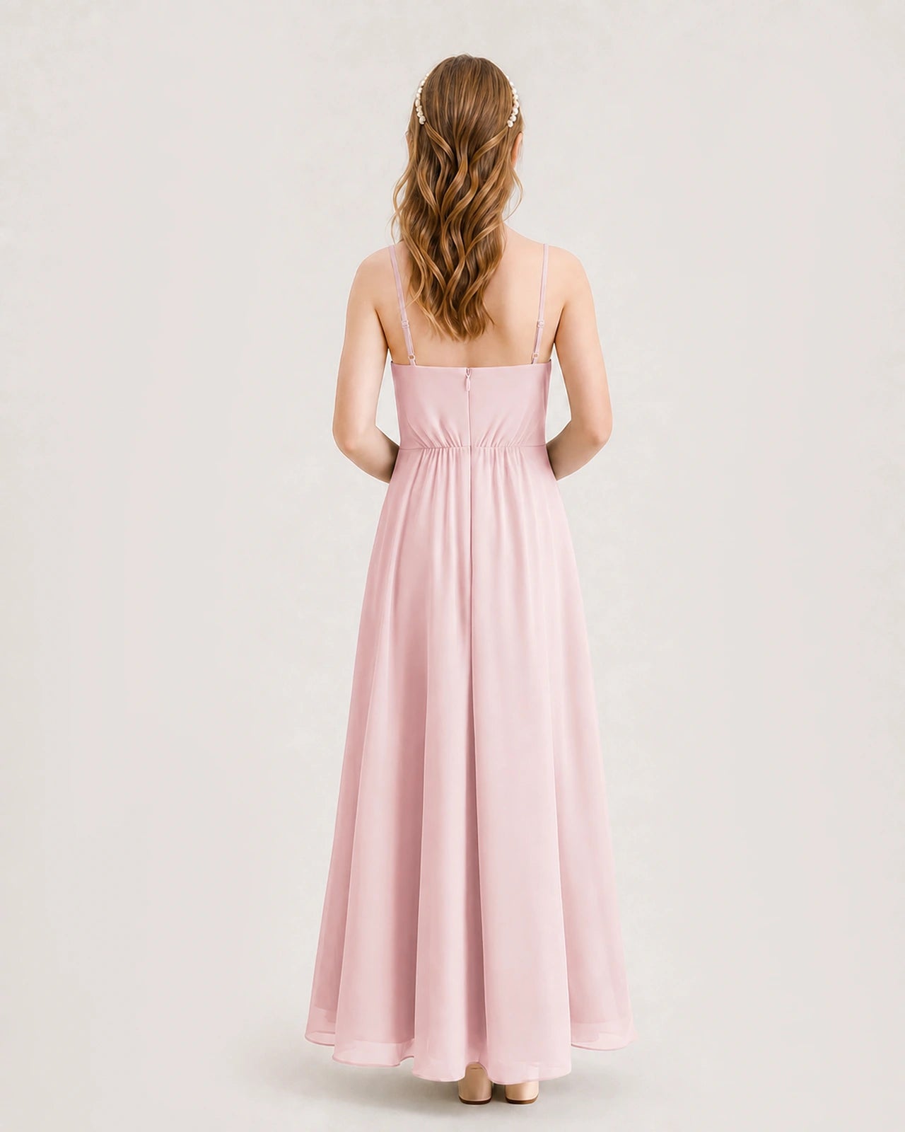 Pink Junior Bridesmaid Dress Ruched Bodice High-Low Asymmetrical Chiffon A-Line Gown Back Full View