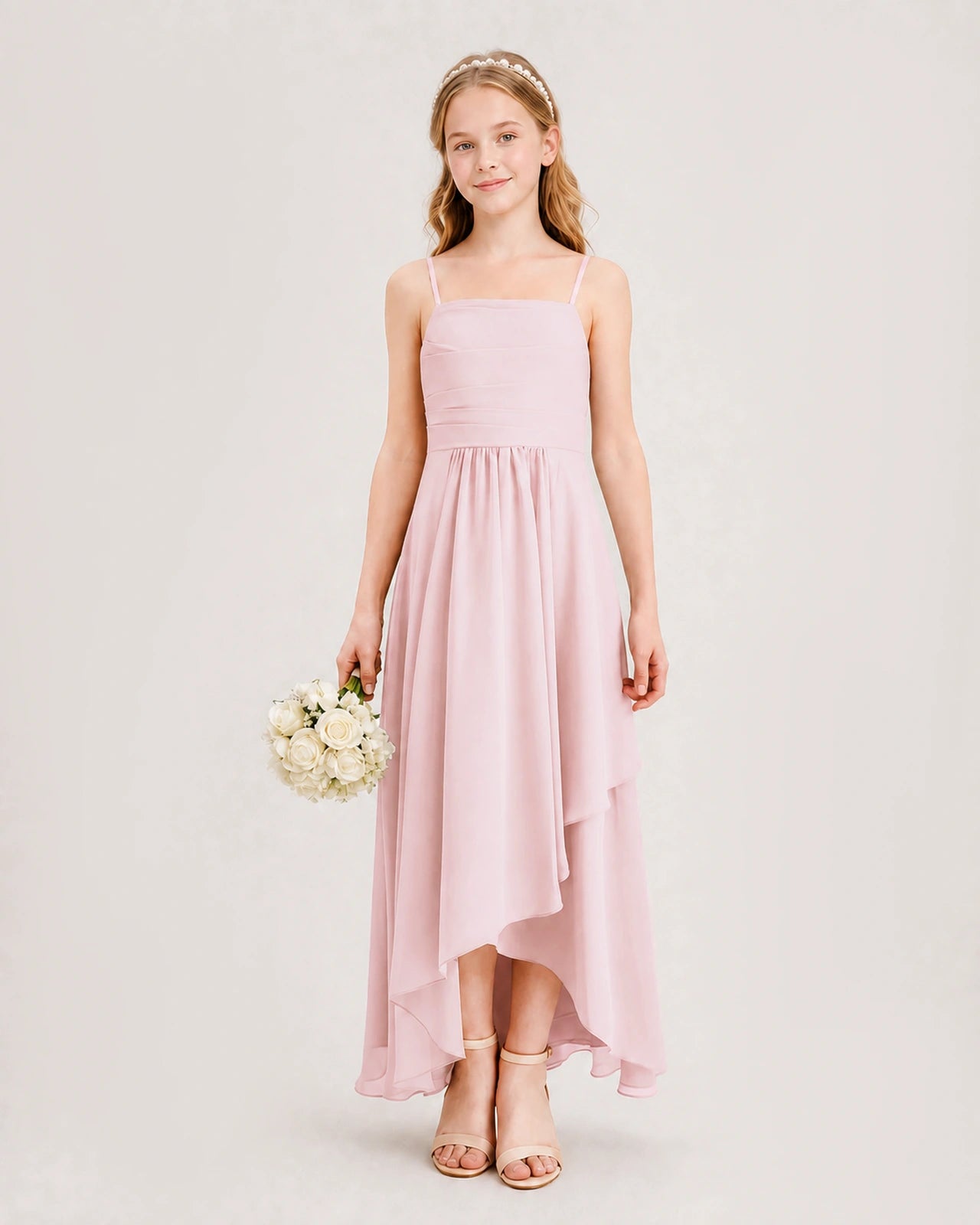Pink Junior Bridesmaid Dress Ruched Bodice High-Low Asymmetrical Chiffon A-Line Gown Front Full View