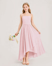 Pink Junior Bridesmaid Dress Ruched Bodice High-Low Asymmetrical Chiffon A-Line Gown Front Full View