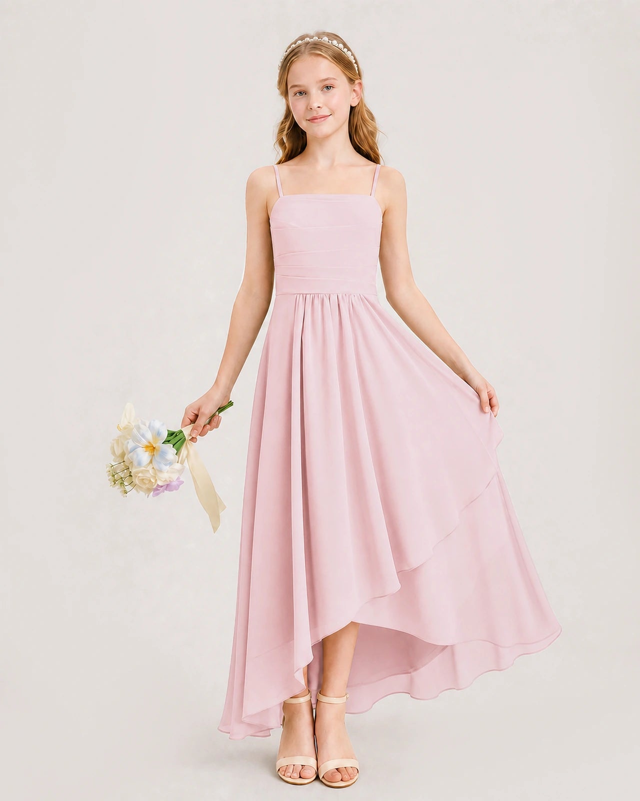 Pink Junior Bridesmaid Dress Ruched Bodice High-Low Asymmetrical Chiffon A-Line Gown Front Full View