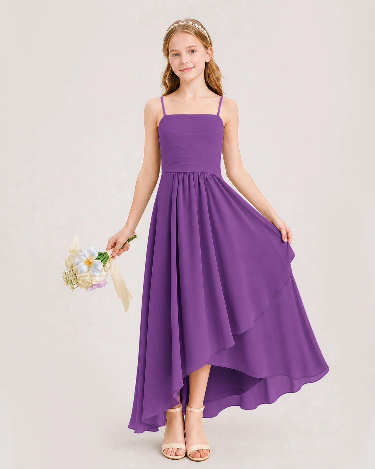Purple Junior Bridesmaid Dress Ruched Bodice High-Low Asymmetrical Chiffon A-Line Gown Front Full View