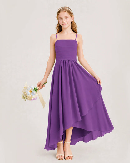Purple Junior Bridesmaid Dress Ruched Bodice High-Low Asymmetrical Chiffon A-Line Gown Front Full View