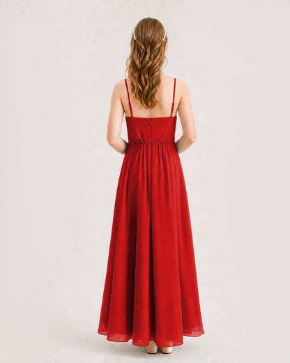 Red Junior Bridesmaid Dress Ruched Bodice High-Low Asymmetrical Chiffon A-Line Gown Back Full View