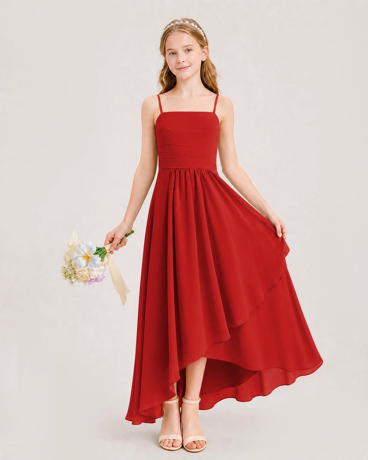Red Junior Bridesmaid Dress Ruched Bodice High-Low Asymmetrical Chiffon A-Line Gown Front Full View