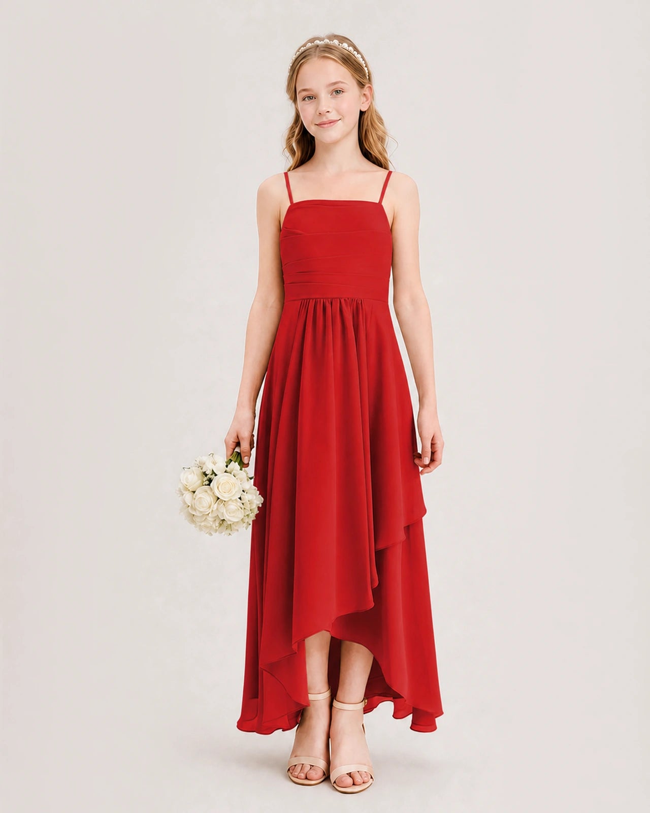 Red Junior Bridesmaid Dress Ruched Bodice High-Low Asymmetrical Chiffon A-Line Gown Front Full View