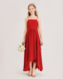 Red Junior Bridesmaid Dress Ruched Bodice High-Low Asymmetrical Chiffon A-Line Gown Front Full View