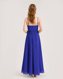 Royal Blue Junior Bridesmaid Dress Ruched Bodice High-Low Asymmetrical Chiffon A-Line Gown Back Full View