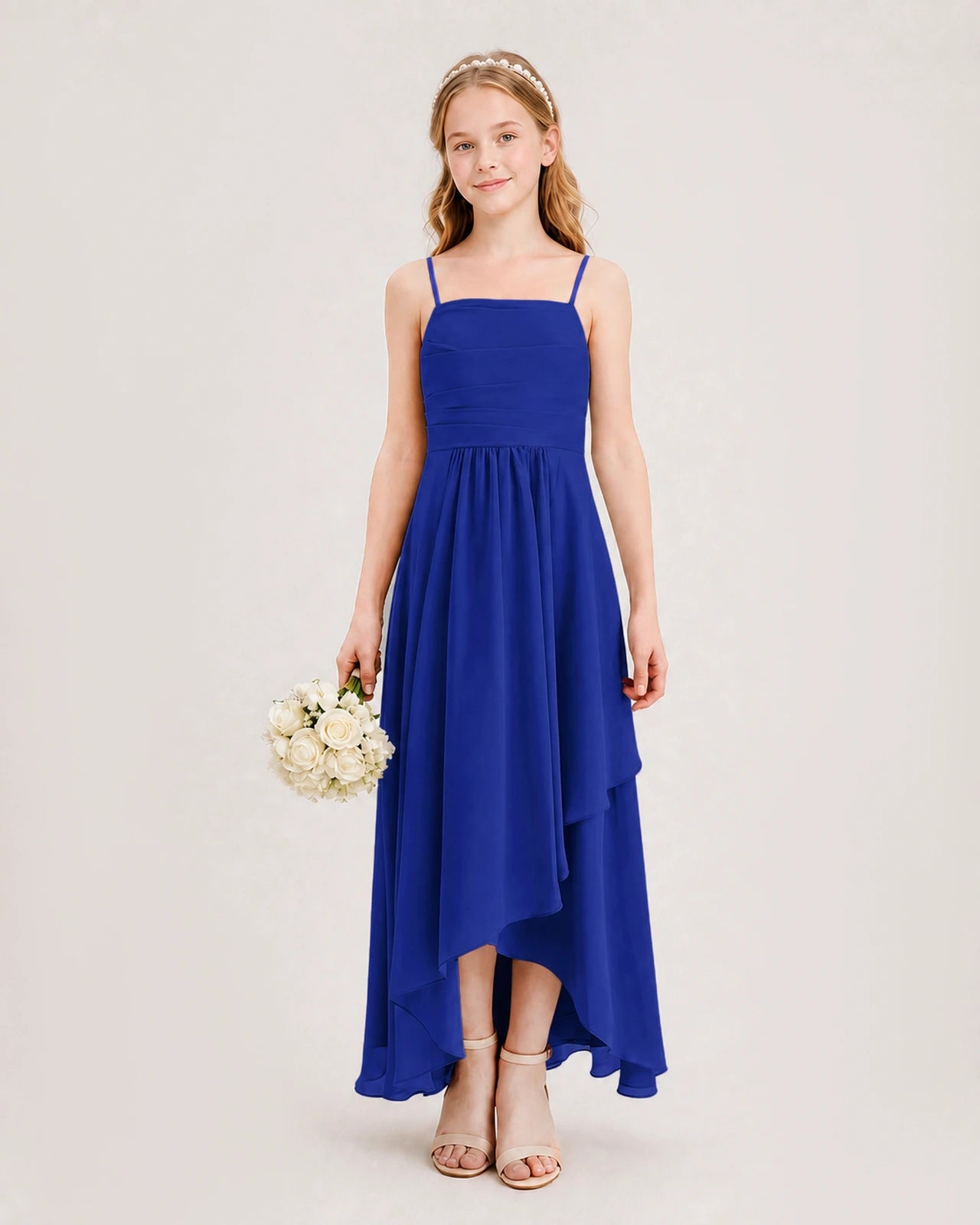 Royal Blue Junior Bridesmaid Dress Ruched Bodice High-Low Asymmetrical Chiffon A-Line Gown Front Full View