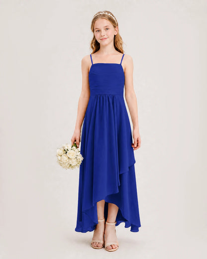 Royal Blue Junior Bridesmaid Dress Ruched Bodice High-Low Asymmetrical Chiffon A-Line Gown Front Full View