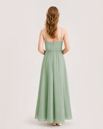 Sage Green Junior Bridesmaid Dress Ruched Bodice High-Low Asymmetrical Chiffon A-Line Gown Back Full View