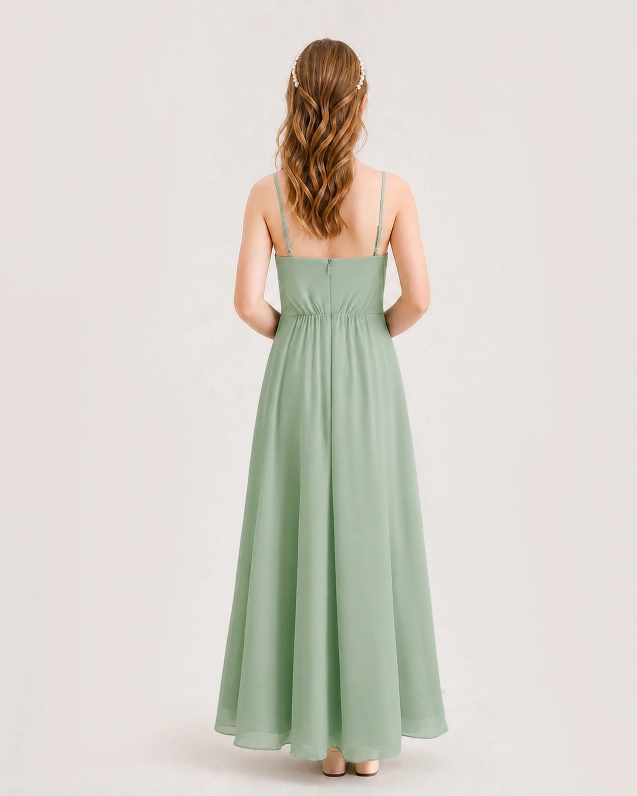 Sage Green Junior Bridesmaid Dress Ruched Bodice High-Low Asymmetrical Chiffon A-Line Gown Back Full View