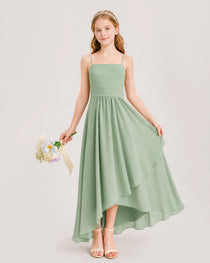 Sage Green Junior Bridesmaid Dress Ruched Bodice High-Low Asymmetrical Chiffon A-Line Gown Front Full View