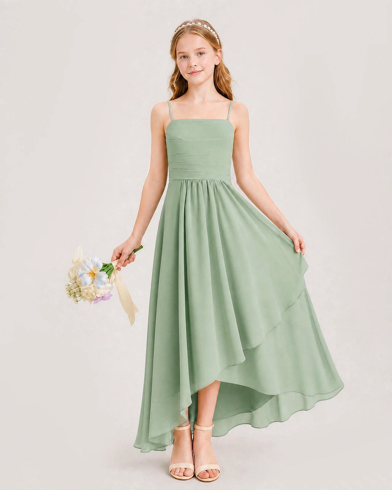 Sage Green Junior Bridesmaid Dress Ruched Bodice High-Low Asymmetrical Chiffon A-Line Gown Front Full View
