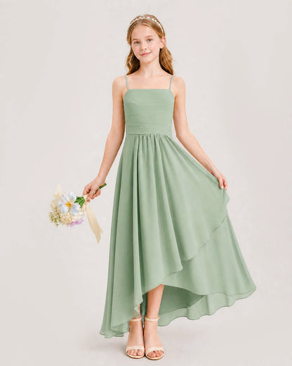 Sage Green Junior Bridesmaid Dress Ruched Bodice High-Low Asymmetrical Chiffon A-Line Gown Front Full View