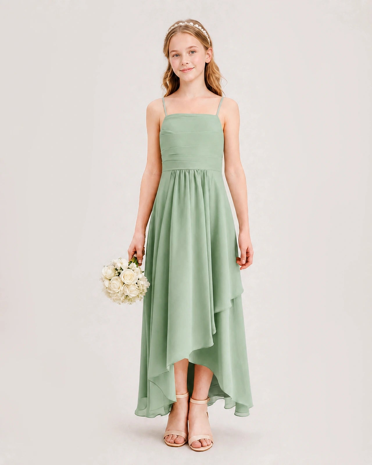 Sage Green Junior Bridesmaid Dress Ruched Bodice High-Low Asymmetrical Chiffon A-Line Gown Front Full View