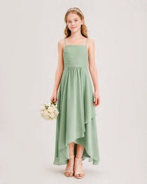 Sage Green Junior Bridesmaid Dress Ruched Bodice High-Low Asymmetrical Chiffon A-Line Gown Front Full View