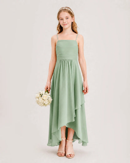 Sage Green Junior Bridesmaid Dress Ruched Bodice High-Low Asymmetrical Chiffon A-Line Gown Front Full View