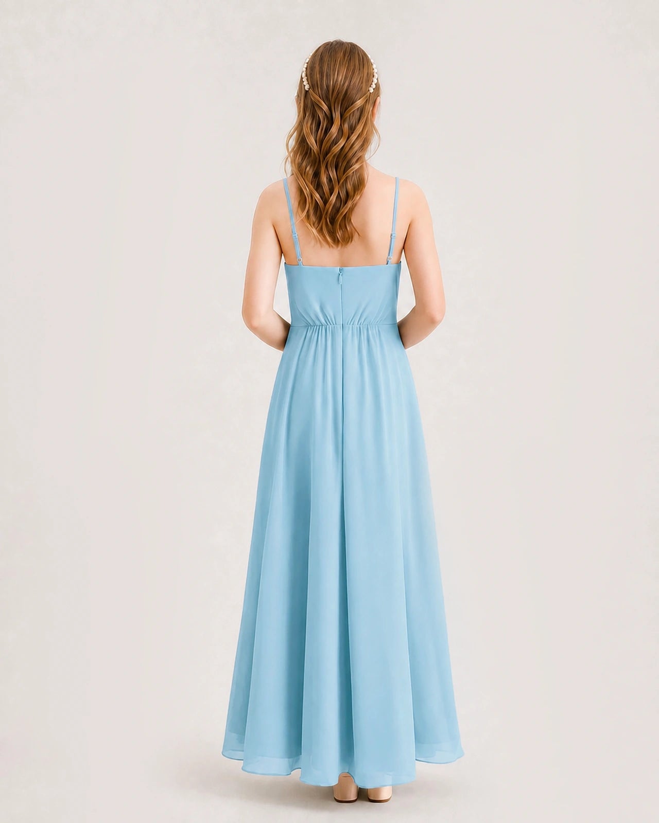 Sky Blue Junior Bridesmaid Dress Ruched Bodice High-Low Asymmetrical Chiffon A-Line Gown Back Full View