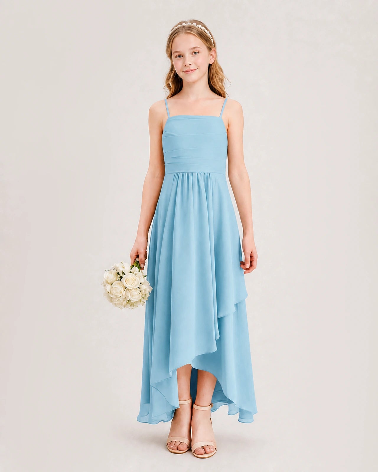 Sky Blue Junior Bridesmaid Dress Ruched Bodice High-Low Asymmetrical Chiffon A-Line Gown Front Full View