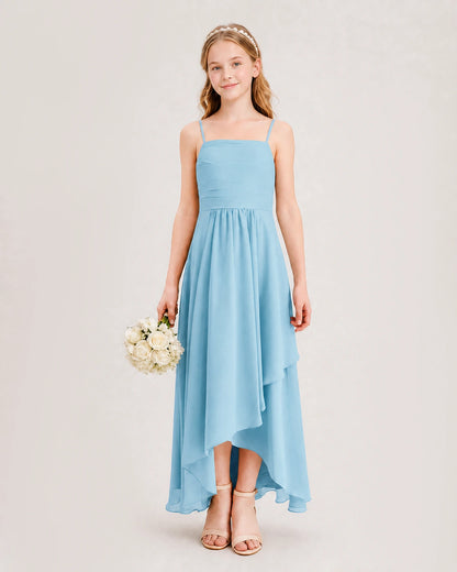 Sky Blue Junior Bridesmaid Dress Ruched Bodice High-Low Asymmetrical Chiffon A-Line Gown Front Full View