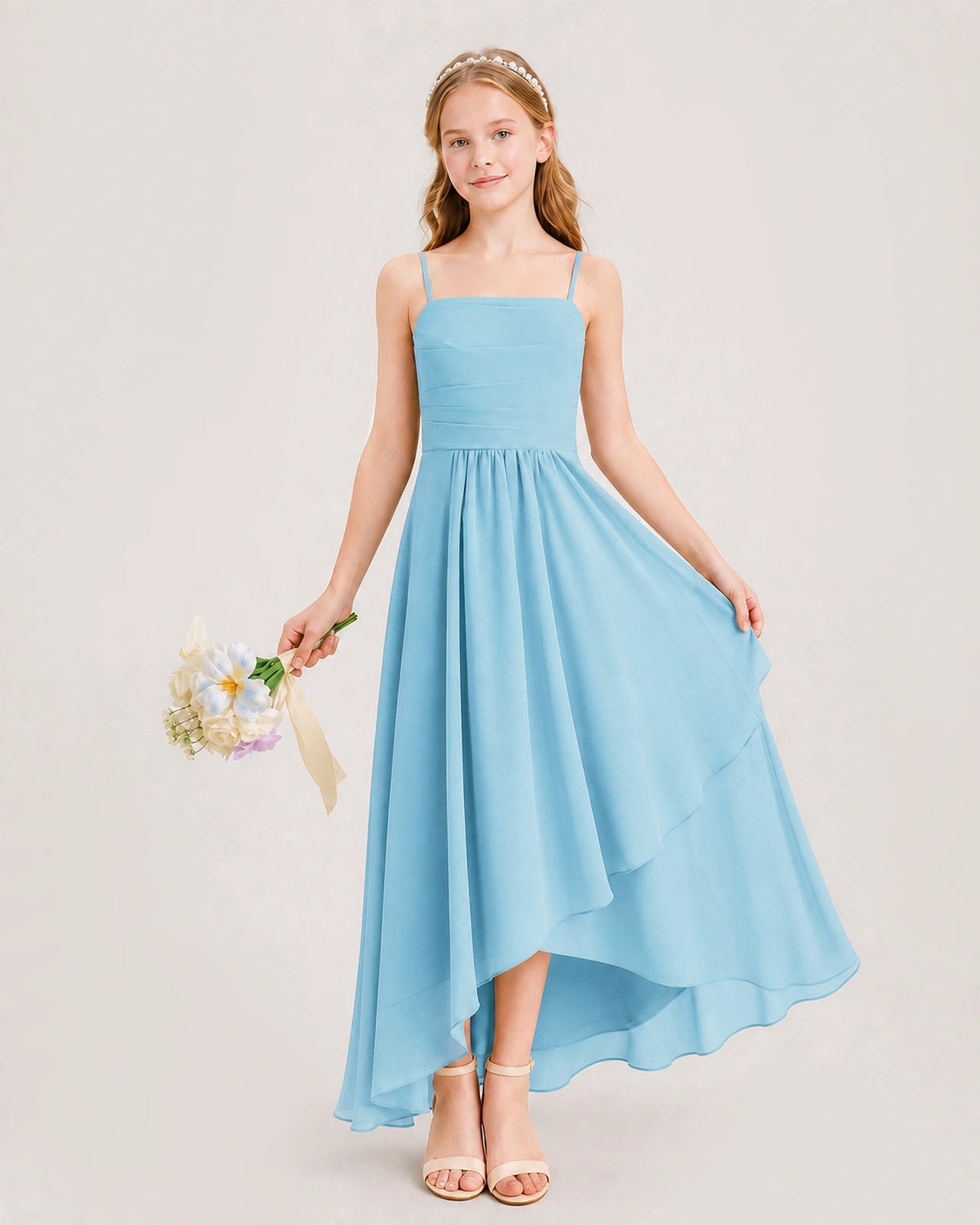 Sky Blue Junior Bridesmaid Dress Ruched Bodice High-Low Asymmetrical Chiffon A-Line Gown Front Full View