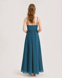 Teal Junior Bridesmaid Dress Ruched Bodice High-Low Asymmetrical Chiffon A-Line Gown Back Full View