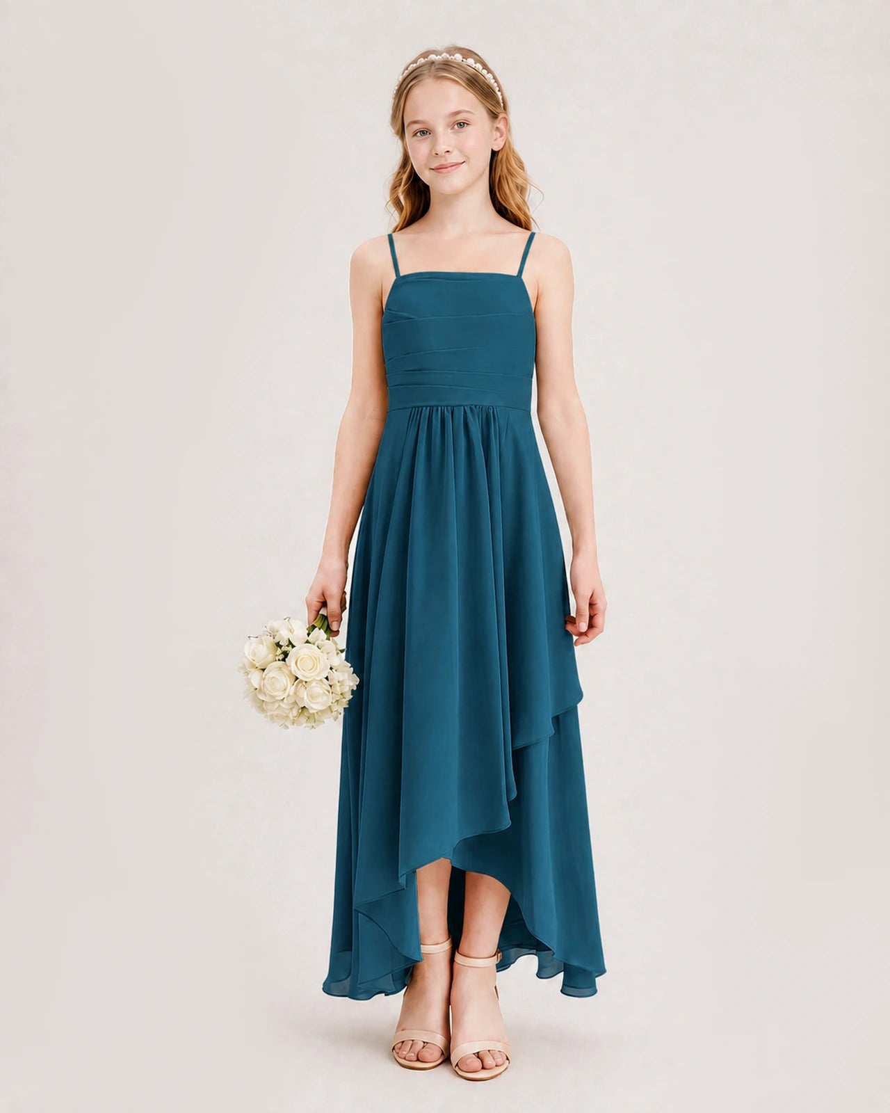 Teal Junior Bridesmaid Dress Ruched Bodice High-Low Asymmetrical Chiffon A-Line Gown Front Full View