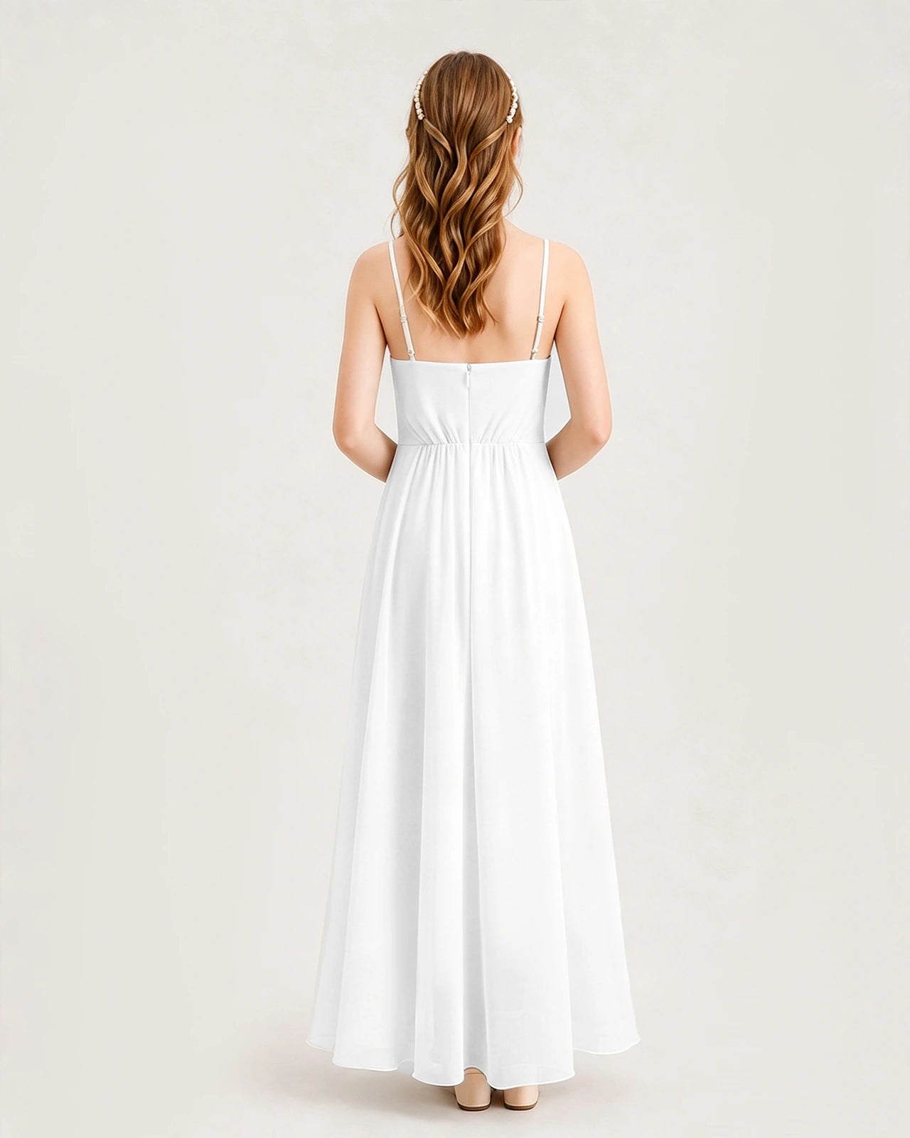 White Junior Bridesmaid Dress Ruched Bodice High-Low Asymmetrical Chiffon A-Line Gown Back Full View