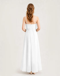 White Junior Bridesmaid Dress Ruched Bodice High-Low Asymmetrical Chiffon A-Line Gown Back Full View