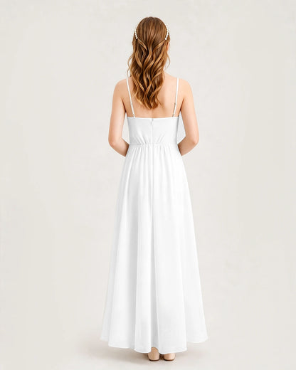 White Junior Bridesmaid Dress Ruched Bodice High-Low Asymmetrical Chiffon A-Line Gown Back Full View