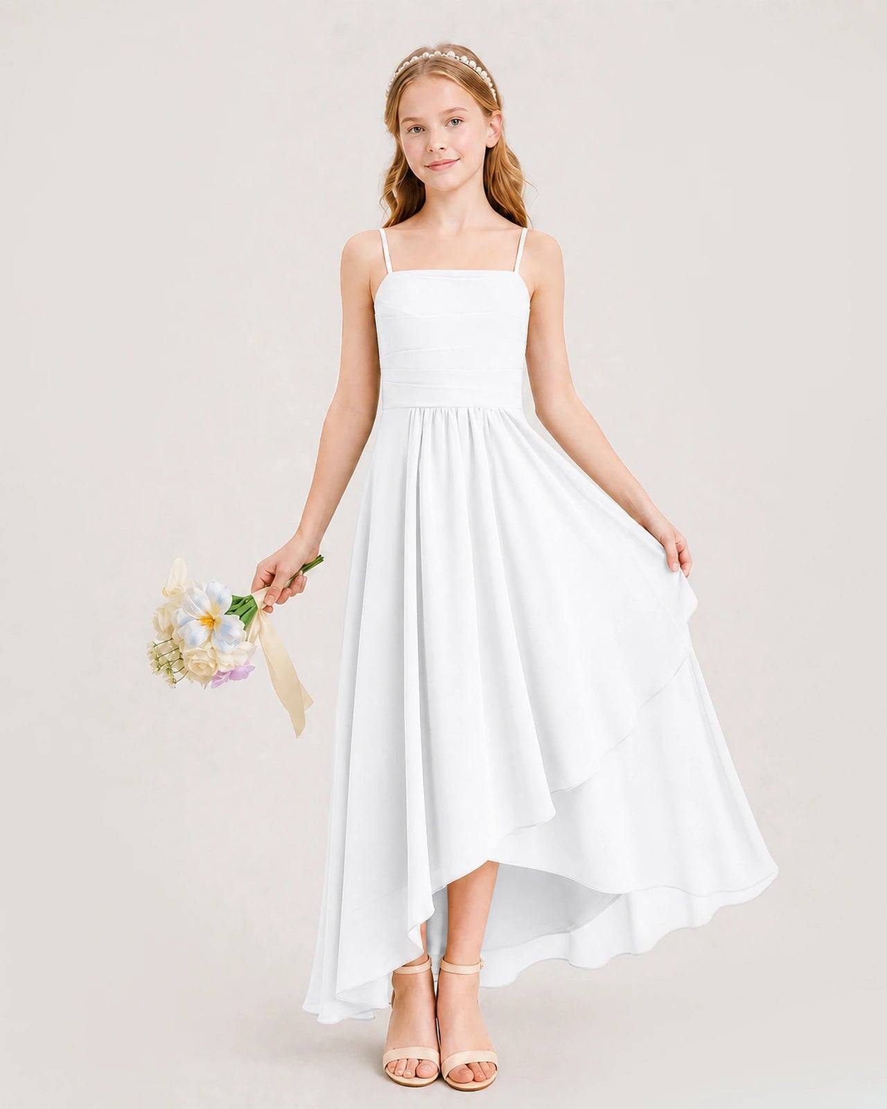 White Junior Bridesmaid Dress Ruched Bodice High-Low Asymmetrical Chiffon A-Line Gown Front Full View