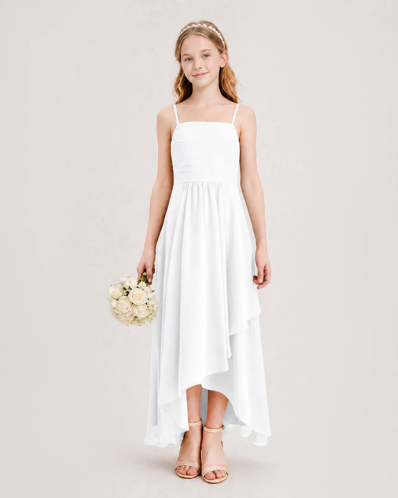 White Junior Bridesmaid Dress Ruched Bodice High-Low Asymmetrical Chiffon A-Line Gown Front Full View