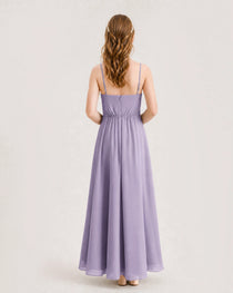 Wisteria Junior Bridesmaid Dress Ruched Bodice High-Low Asymmetrical Chiffon A-Line Gown Back Full View