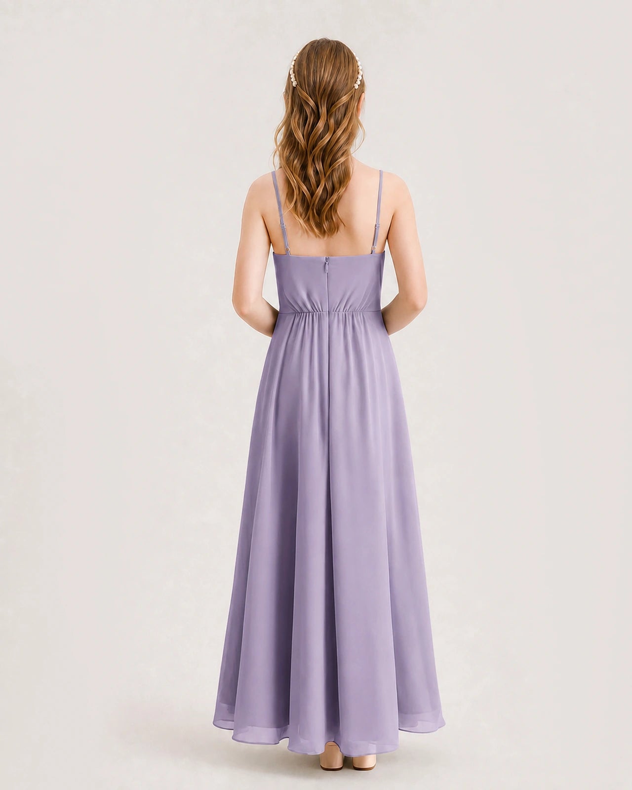 Wisteria Junior Bridesmaid Dress Ruched Bodice High-Low Asymmetrical Chiffon A-Line Gown Back Full View