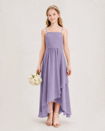 Wisteria Junior Bridesmaid Dress Ruched Bodice High-Low Asymmetrical Chiffon A-Line Gown Front Full View