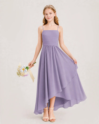Wisteria Junior Bridesmaid Dress Ruched Bodice High-Low Asymmetrical Chiffon A-Line Gown Front Full View