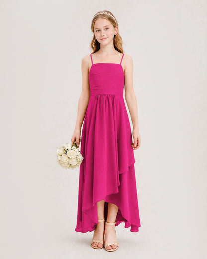 Hot Pink Junior Bridesmaid Dress Ruched Bodice High-Low Asymmetrical Chiffon A-Line Gown Front Full View