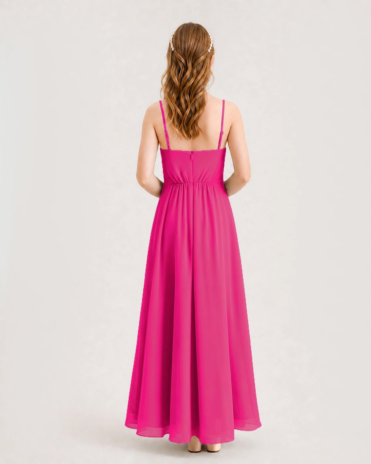 Hot Pink Junior Bridesmaid Dress Ruched Bodice High-Low Asymmetrical Chiffon A-Line Gown Back Full View