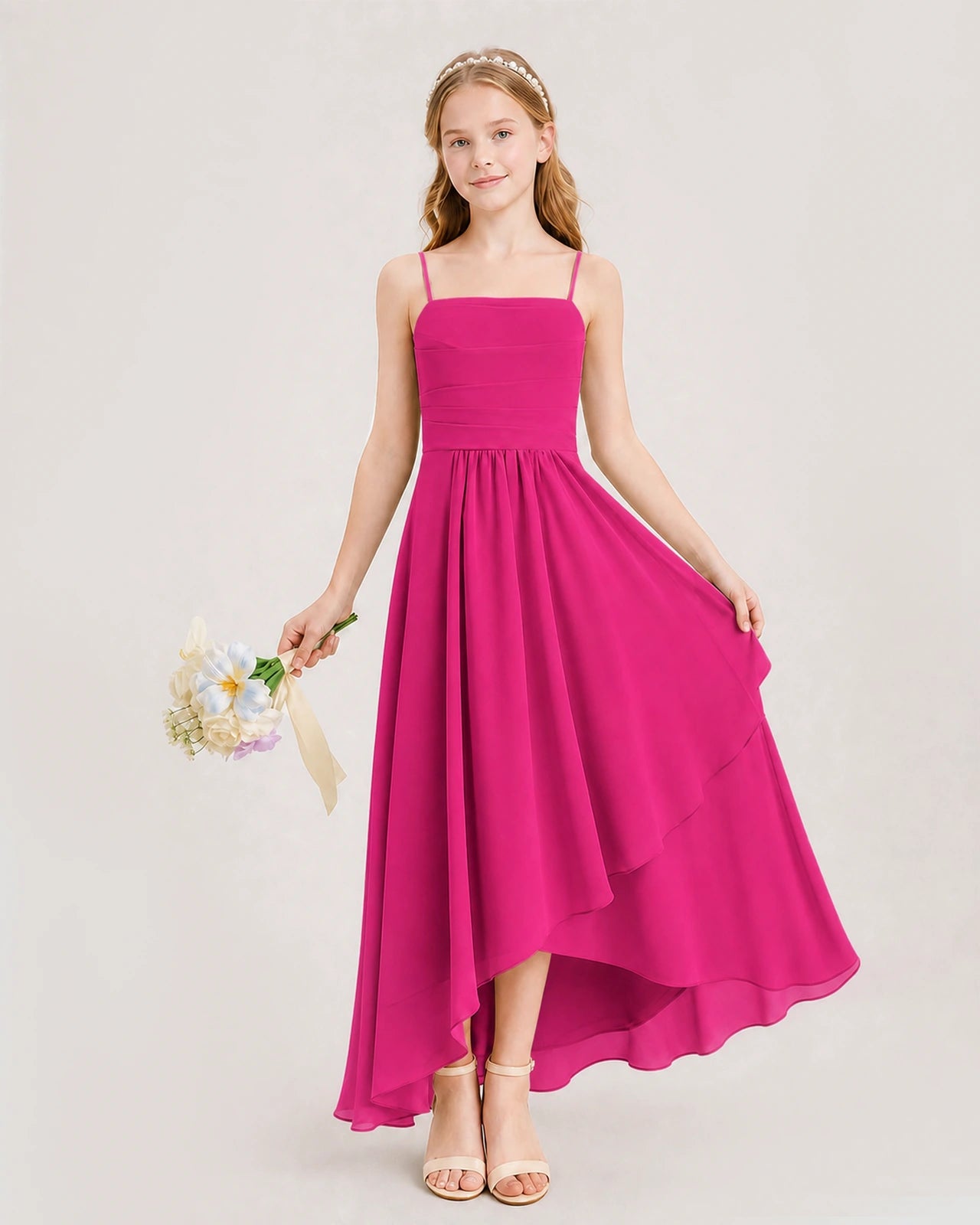 Hot Pink Junior Bridesmaid Dress Ruched Bodice High-Low Asymmetrical Chiffon A-Line Gown Front Full View