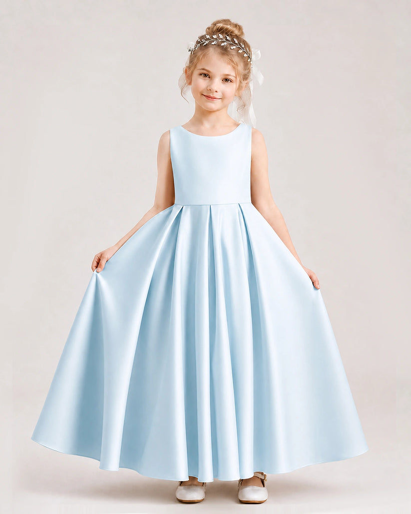Baby Blue Satin A-line Flower Girl Dress Front View