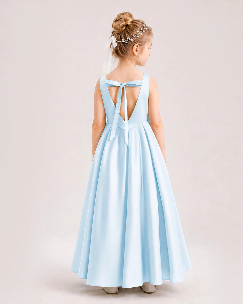 Baby Blue Satin A-line Flower Girl Dress Back View