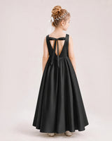 Black Satin A-line Flower Girl Dress Back View