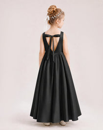 Black Flower Girl Dress Deep V-Back Tie Detail Pleated Satin A-Line Floor-Length Gown Back Full View