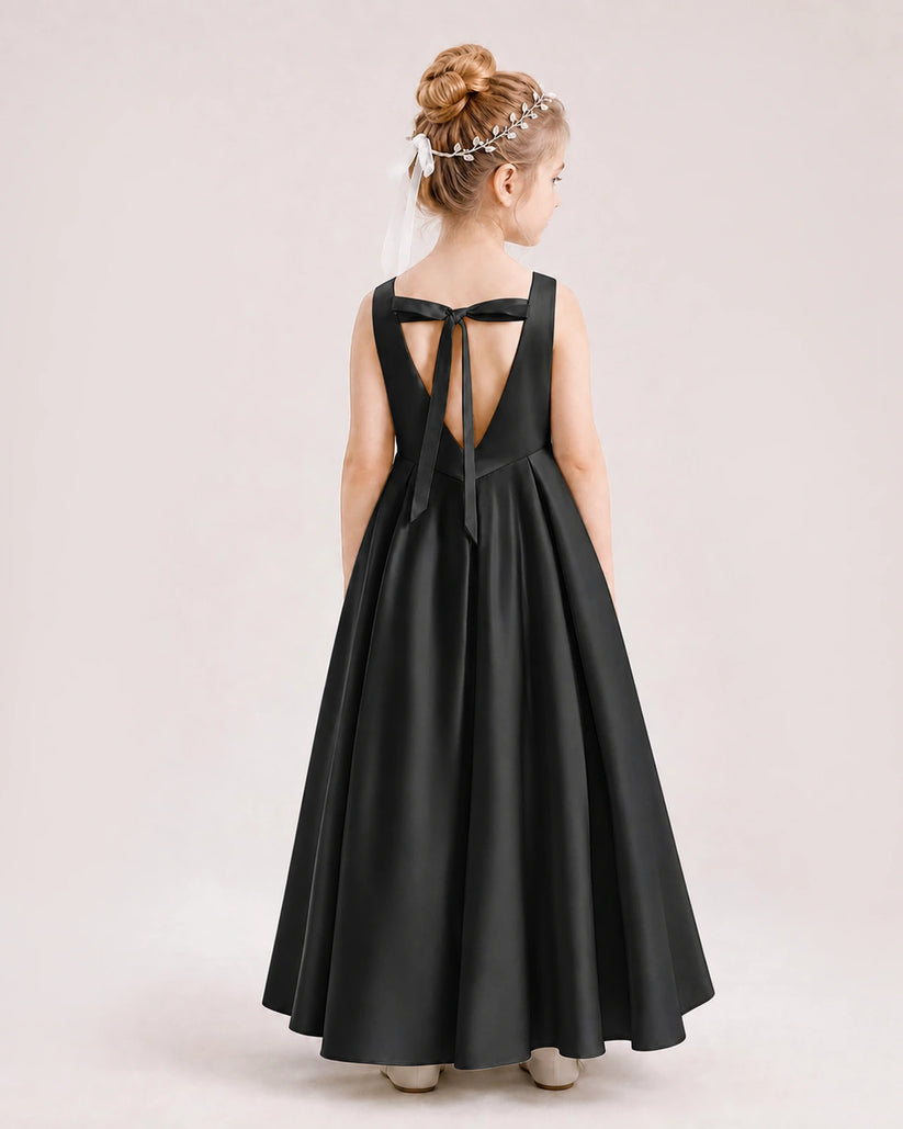 Black Satin A-line Flower Girl Dress Back View