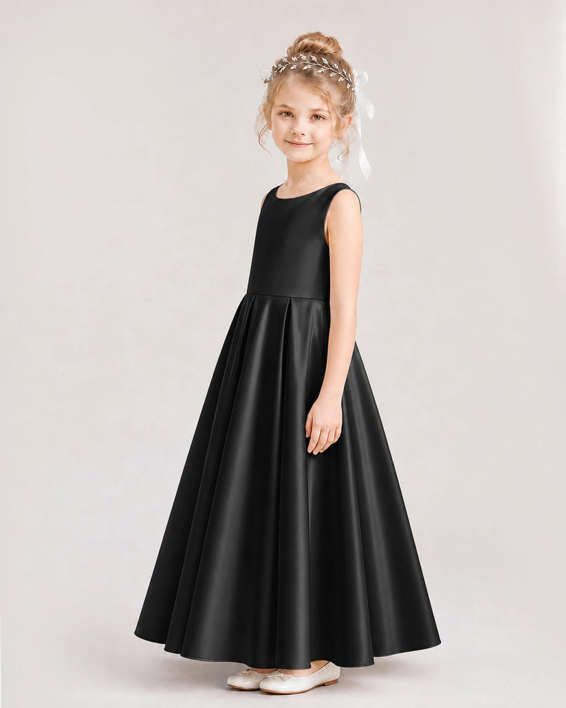 Black Satin A-line Flower Girl Dress Side View