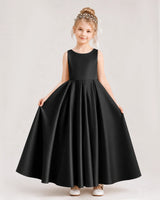 Black Satin A-line Flower Girl Dress Front View