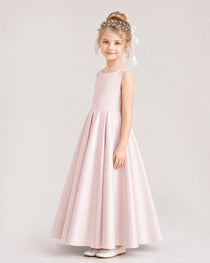 Blush Pink Flower Girl Dress Deep V-Back Tie Detail Pleated Satin A-Line Floor-Length Gown Side Full View